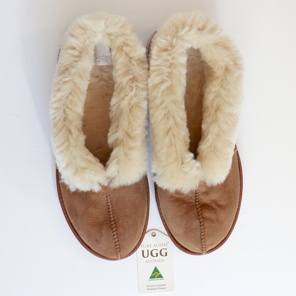 Men's UGG sheepskin slippers in tan with EVA rubber sole